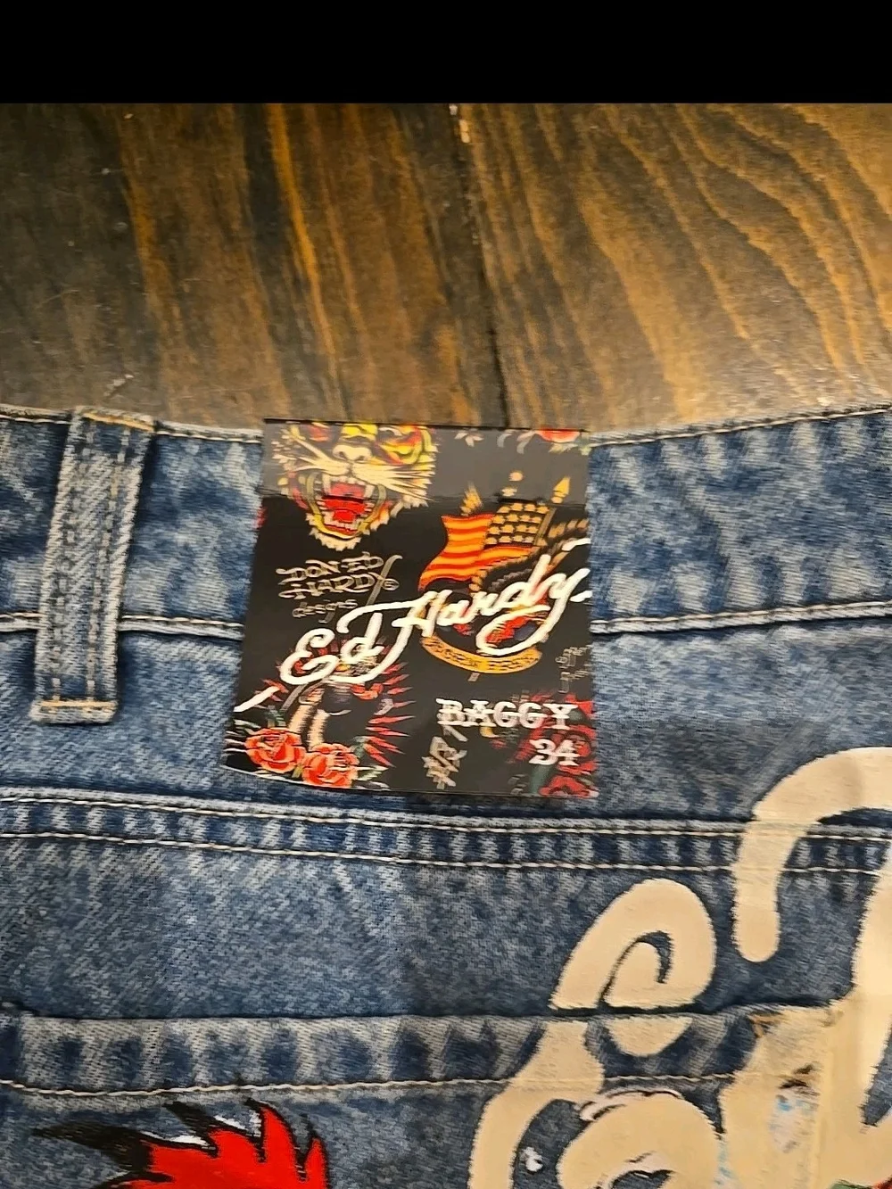 Ed Hardy Blue Denim Wide-Leg Jeans with Colorful Embroidered Back - Picture 3 of 5